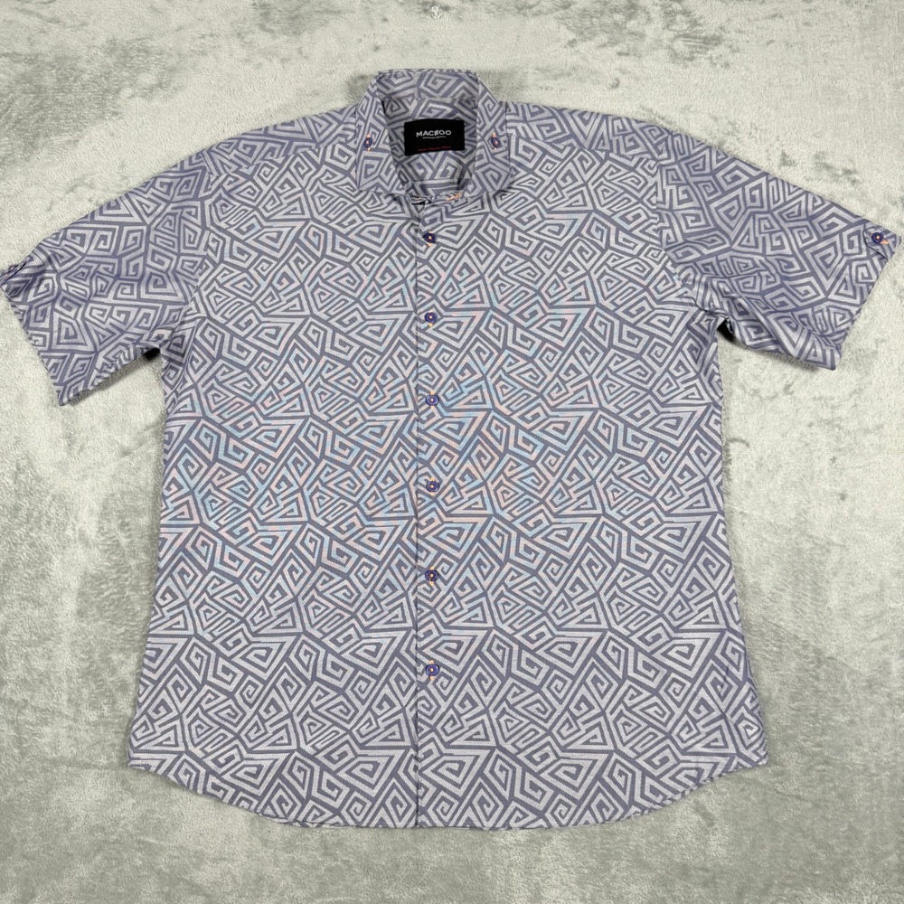 Maceoo Mens XL Short Sleeve Button Down Shirt Purple Geometric Italian Jacquard